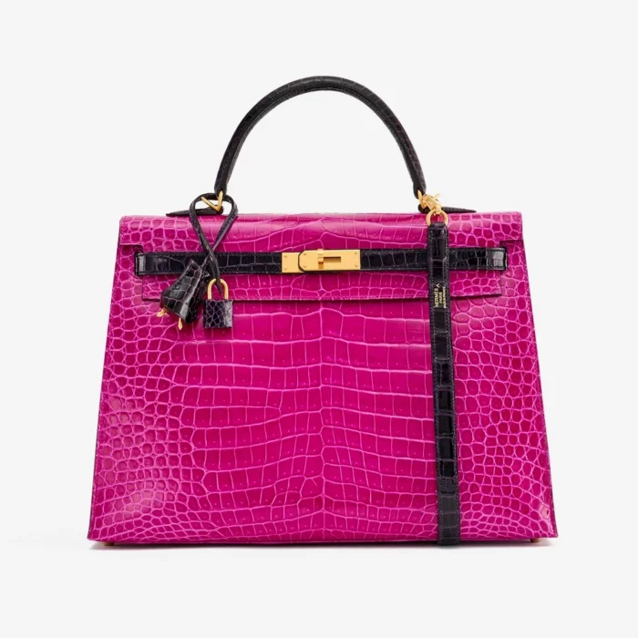 Mirror Quality Hermès HSS Kelly 35 Crocodile Porosus Rose Scheherazade/Aubergine GHW - Replica Handbags