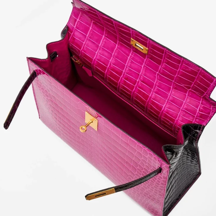 Mirror Quality Hermès HSS Kelly 35 Crocodile Porosus Rose Scheherazade/Aubergine GHW - Replica Handbags - Image 5