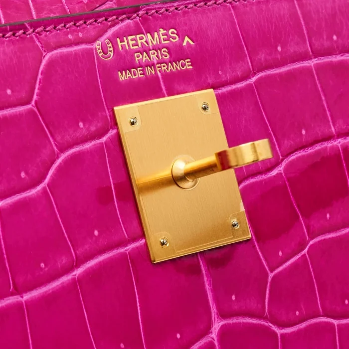 Mirror Quality Hermès HSS Kelly 35 Crocodile Porosus Rose Scheherazade/Aubergine GHW - Replica Handbags - Image 6