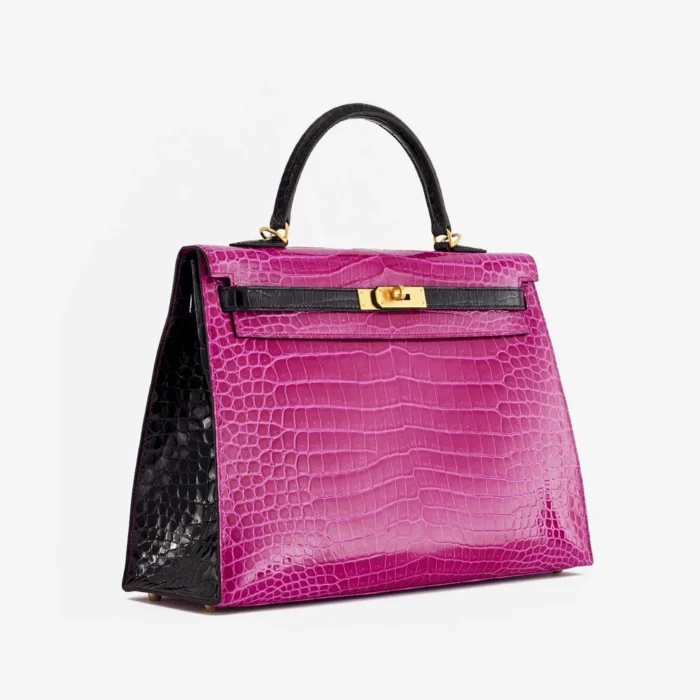 Mirror Quality Hermès HSS Kelly 35 Crocodile Porosus Rose Scheherazade/Aubergine GHW - Replica Handbags - Image 4