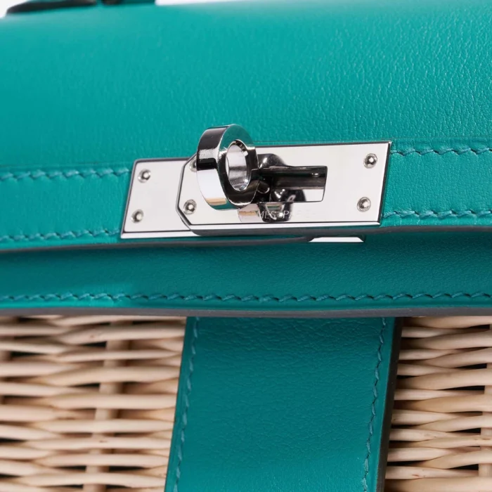 Mirror Quality Hermès Mini Kelly Picnic Osier/Swift Vert Verone PHW - Replica Handbags - Image 7