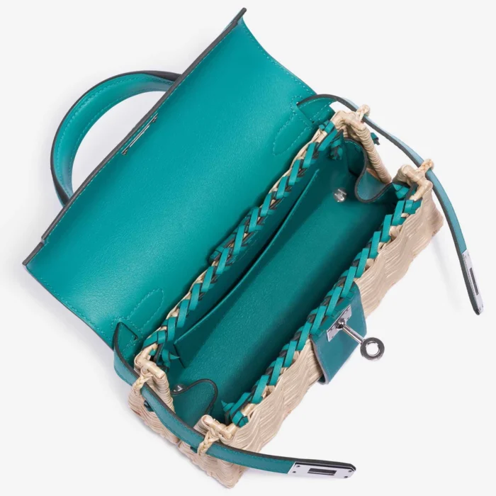 Mirror Quality Hermès Mini Kelly Picnic Osier/Swift Vert Verone PHW - Replica Handbags - Image 5