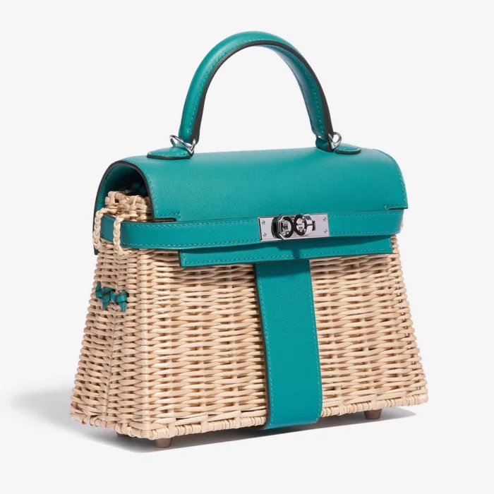 Mirror Quality Hermès Mini Kelly Picnic Osier/Swift Vert Verone PHW - Replica Handbags - Image 4