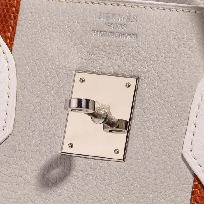 Mirror Quality Hermès Replicas Birkin Club 35 Clemence/Lizard White/Gris/Perle/Sanguine PHW - DLF - Image 4