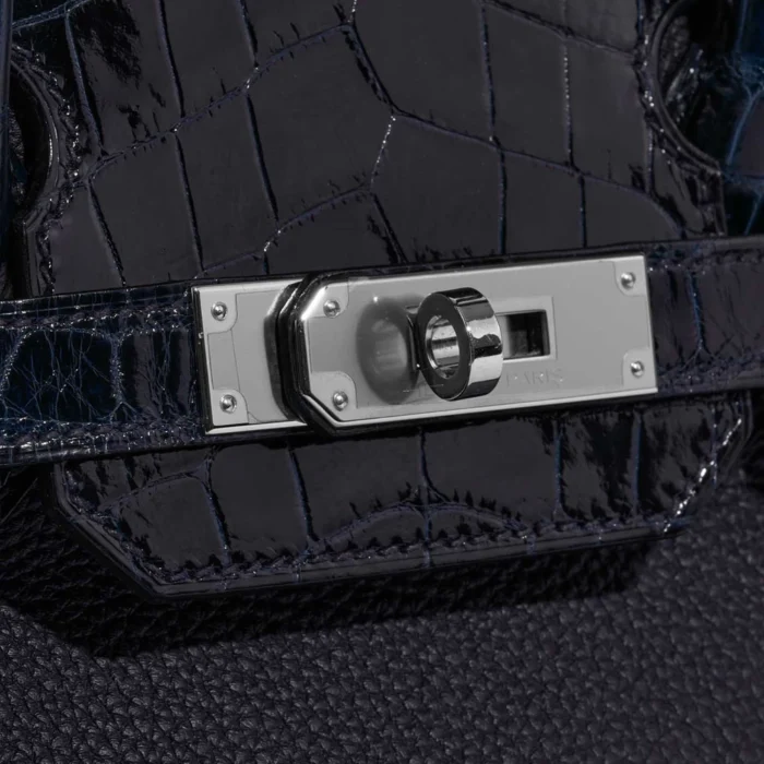 Mirror Quality Hermès Replicas Birkin Touch 30 Togo/Niloticus Crocodile Shiny Blue Nuit/Blue Baltique PHW - DLF - Image 7
