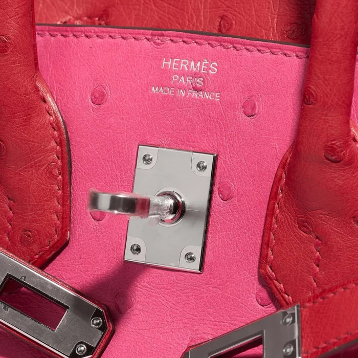 Premium Hermès Replica Birkin Touch 25 Ostrich Rose Tyrien/Rouge Vif PHW - Direct Luxury Fashion - Image 6