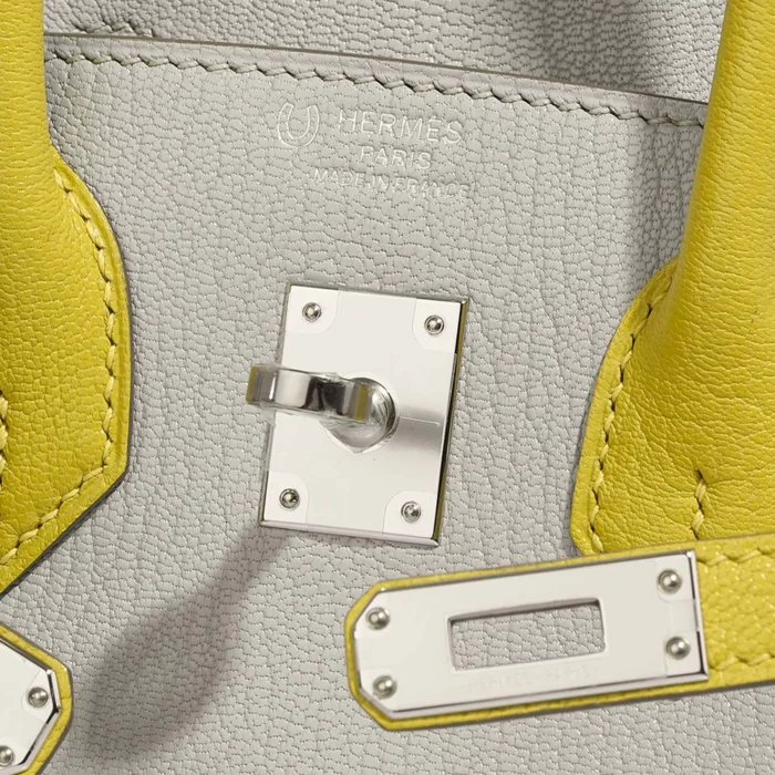 Premium Hermès Replica HSS Birkin 25 Chevre Mysore Gris Perle/Jaune de Naples PHW - Direct Luxury Fashion - Image 6