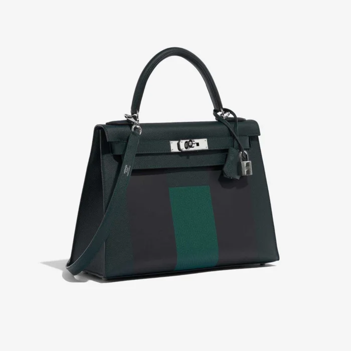 Premium Hermès Replica Kelly 28 Lettre H Epsom/Sombrero/Clemence Vert Cypres/Blue Obscur/Malachite PHW - Direct Luxury Fashion - Image 4