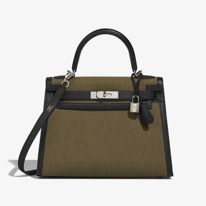 Premium Hermès Replica Kelly 28 Swift/Toile H Black/Vert Militaire PHW - Direct Luxury Fashion
