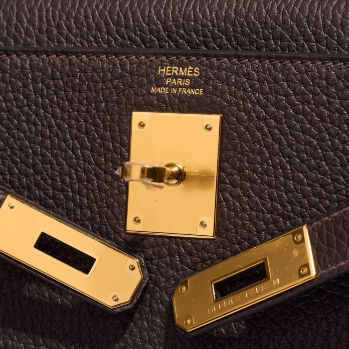 Premium Hermès Replica Kelly 28 Taurillon Clemence Macassar GHW - Direct Luxury Fashion - Image 6