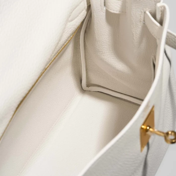 Premium Hermès Replica Kelly 28 Taurillon Clemence White GHW - Direct Luxury Fashion - Image 5