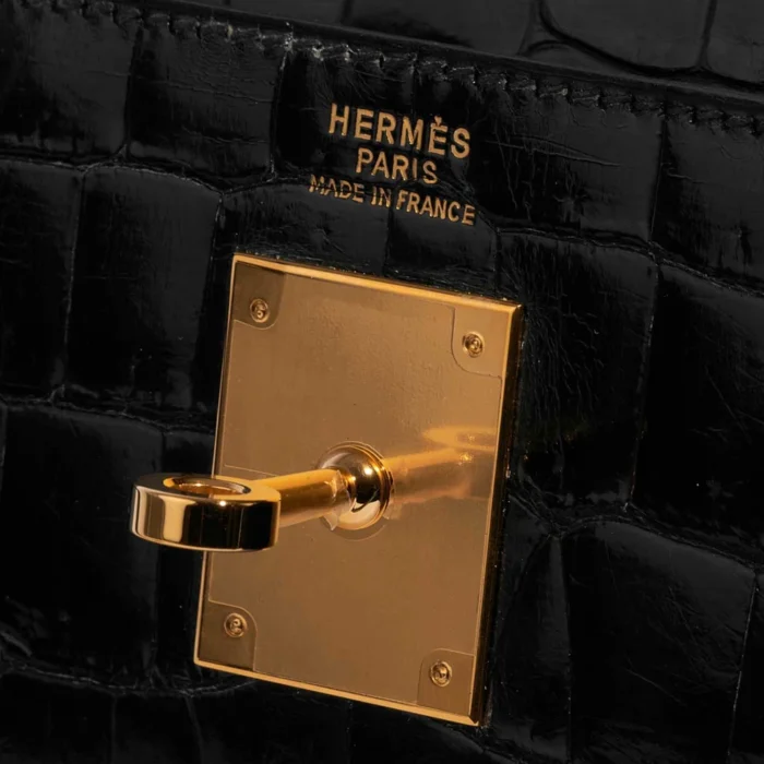 Premium Hermès Replica Kelly 32 Porosus Crocodile Black GHW - Direct Luxury Fashion - Image 6
