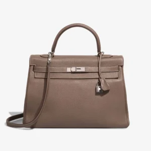Premium Hermès Replica Kelly 35 Clemence Etoupe PHW - Direct Luxury Fashion