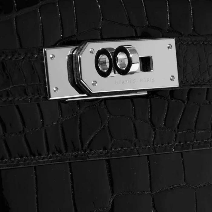 Premium Hermès Replica Kelly 40 Porosus Crocodile Black PHW - Direct Luxury Fashion - Image 7
