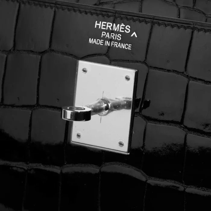 Premium Hermès Replica Kelly 40 Porosus Crocodile Black PHW - Direct Luxury Fashion - Image 6