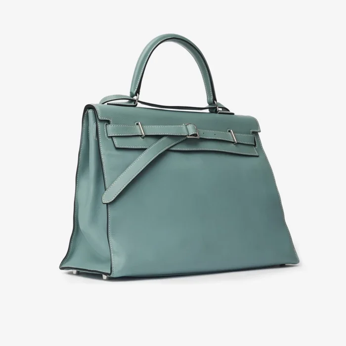 Premium Hermès Replica Kelly Flat 35 Swift Blue Atoll PHW - Direct Luxury Fashion - Image 4