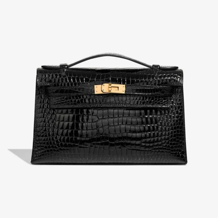 Premium Hermès Replica Kelly PochetteAlligator Mississippiensis Black GHW - Direct Luxury Fashion