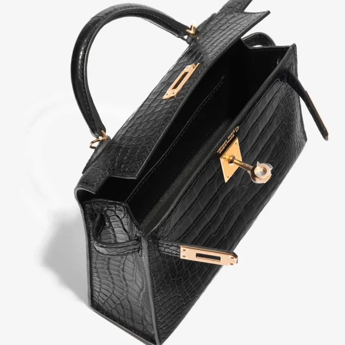 Premium Hermès Replica Mini Kelly Matte Alligator Black GHW - Direct Luxury Fashion - Image 5