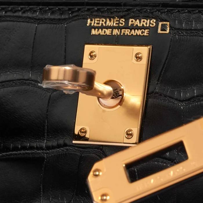 Premium Hermès Replica Mini Kelly Matte Alligator Black GHW - Direct Luxury Fashion - Image 6