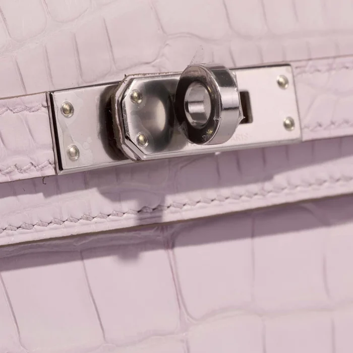 Premium Hermès Replica Mini Kelly Matte Alligator Borreal Satin Mauve Pale PHW - Direct Luxury Fashion - Image 7