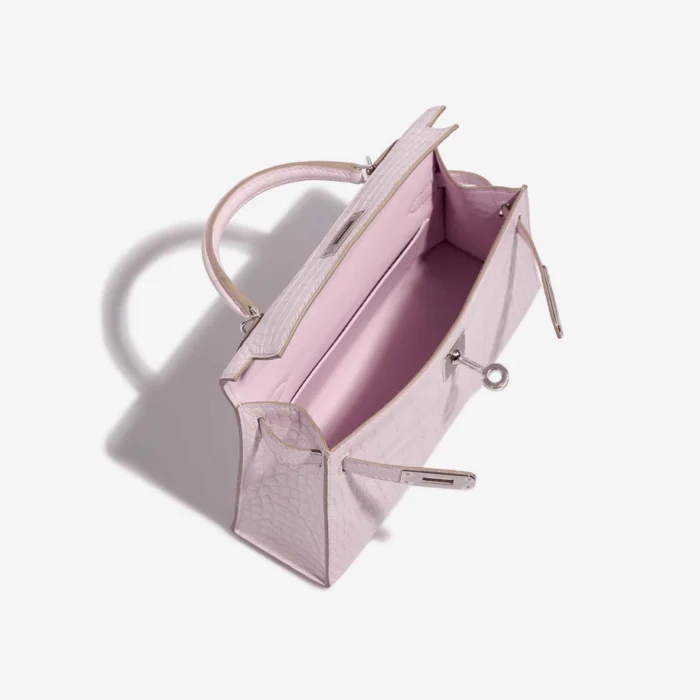 Premium Hermès Replica Mini Kelly Matte Alligator Borreal Satin Mauve Pale PHW - Direct Luxury Fashion - Image 5