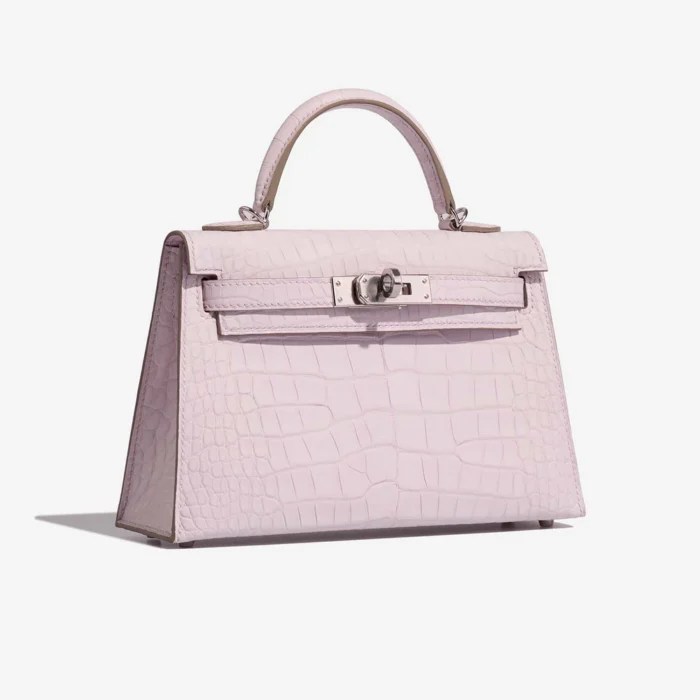 Premium Hermès Replica Mini Kelly Matte Alligator Borreal Satin Mauve Pale PHW - Direct Luxury Fashion - Image 4