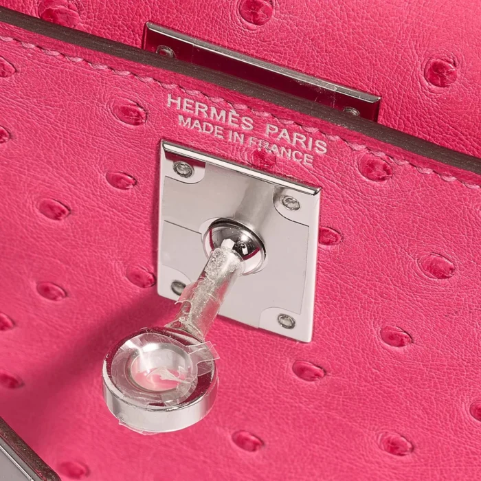 Premium Hermès Replica Mini Kelly Ostrich Rose Tyrien PHW - Direct Luxury Fashion - Image 5